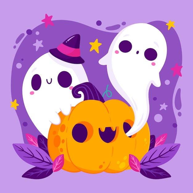 two cute little ghostes sitting on top of a pumpkin in front of a purple background