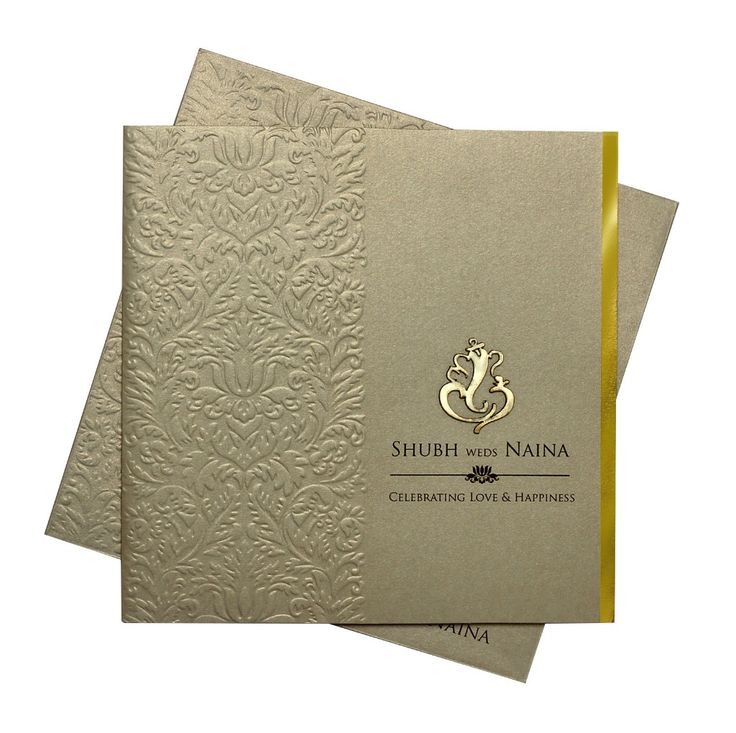 wedding cards in gold and white with golden trimmings on the front, side and back