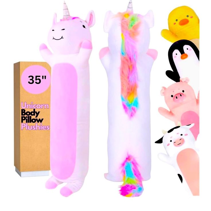 the unicorn body pillow is pink and has an image of penguins, ducks, and penguinies on it