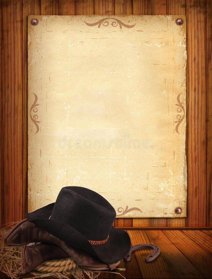 cowboy hat and lasso with old paper on wooden background stock photo - 1387982