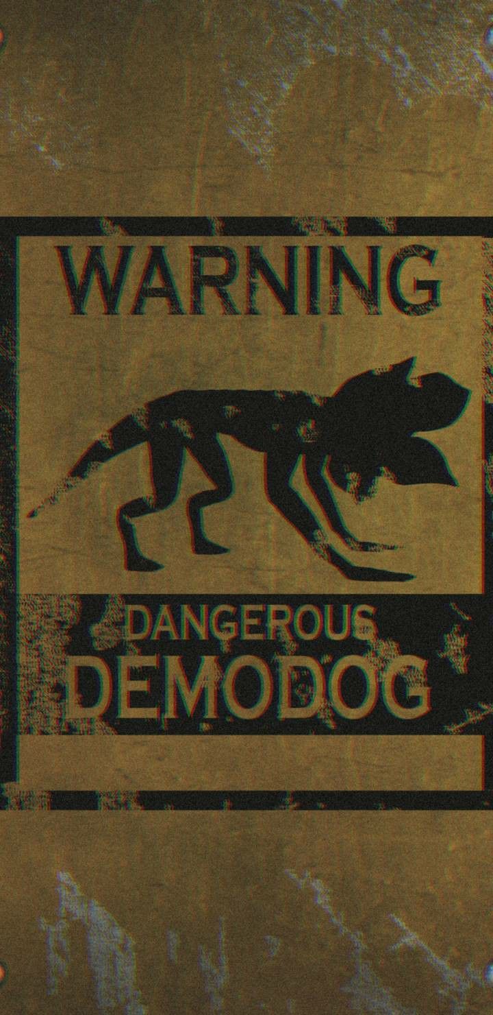 a warning sign on the side of a building that says dangerous demodog with an image of a dog running