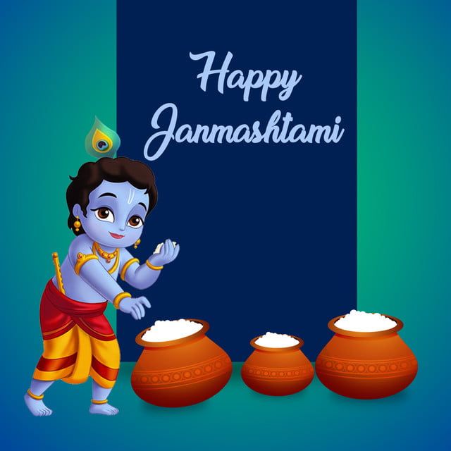 a little boy standing in front of two pots with rice on them and the words happy janmashani written below