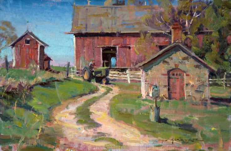 an oil painting of a country road and barn