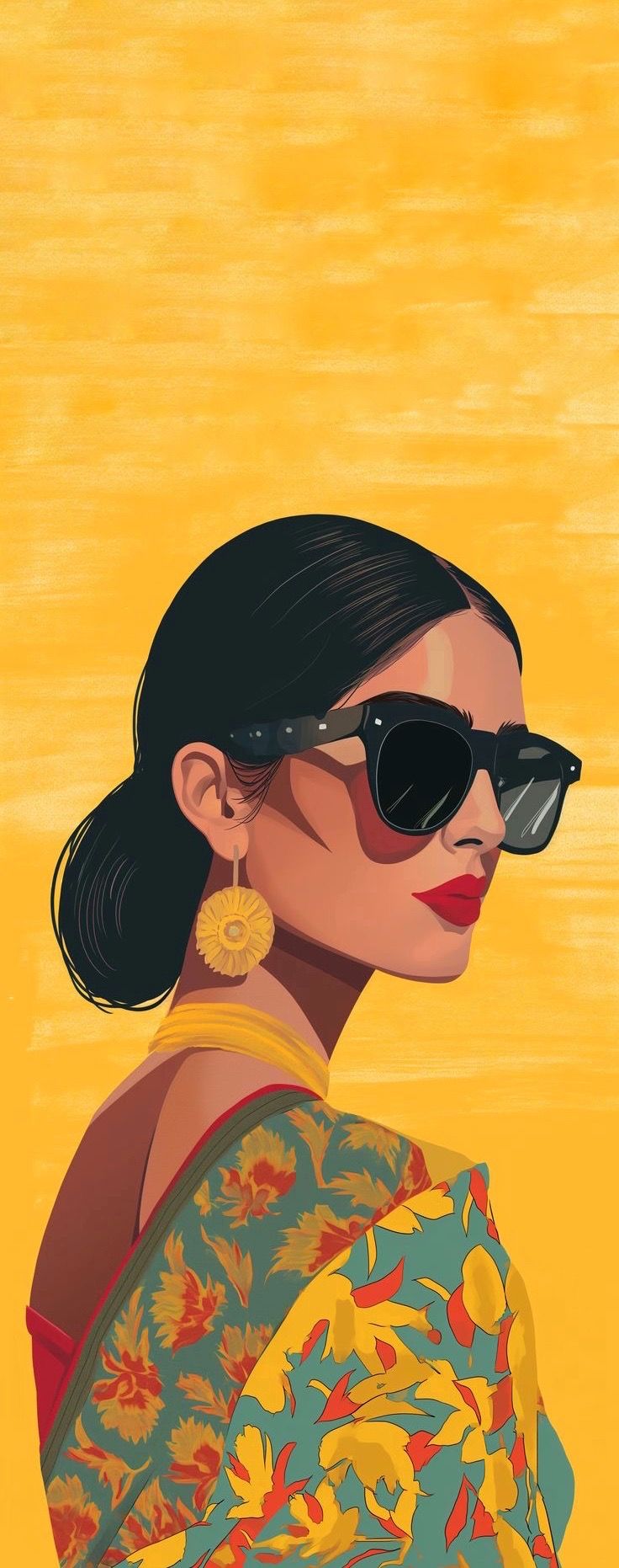 a woman wearing sunglasses and a yellow background