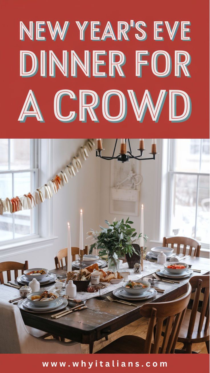 This image shows a cozy **New Year’s Eve dinner for a crowd**, with a beautifully set table featuring elegant dishware, candles, and festive garlands. Perfect inspiration for **New Year’s Eve dinner party ideas** or hosting a small yet refined gathering. Menu For A Crowd, Table Settings Tips, New Years Eve Dinner, Festive Cocktails, Feeding A Crowd, New Year’s Eve, Dinner Menu, Plan A, Dinner Party