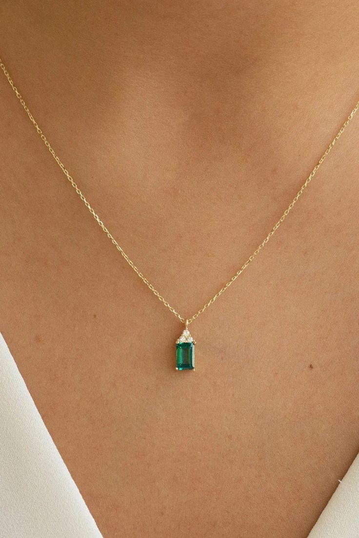 Gold Emerald Necklace, Yellow Gold Emerald Pendant, White Gold Emerald Charm, Rose Gold Emerald Jewelry, Emerald Cut Pendant - Etsy Gold Necklace With Emerald, Gold Emerald Bracelet, Emerald And Gold Necklace, Emerald Pendant Design, Gold And Green Necklace, Gold Pendant Designs For Women, Simple Emerald Necklace, Emerald Wedding Jewelry, Green And Gold Jewelry