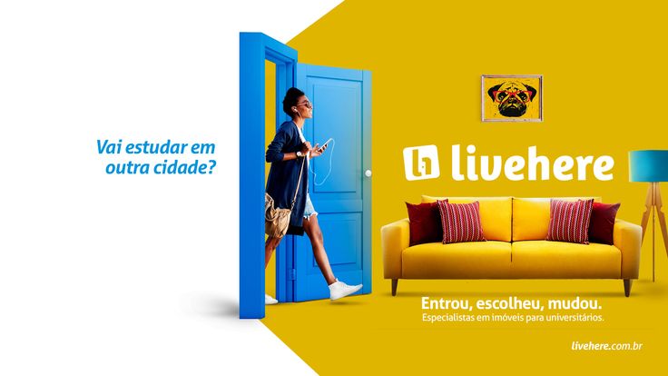 an advertisement for a furniture store with a woman walking through the door and looking at her cell phone