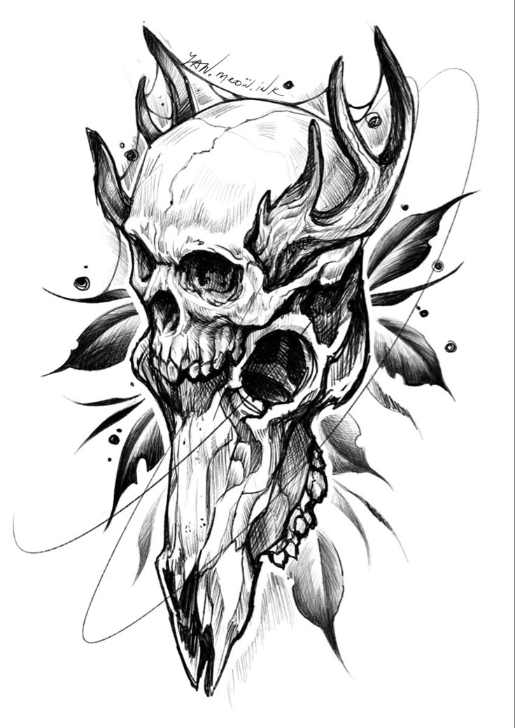 a drawing of a skull with horns on it's head and an arrow in the middle