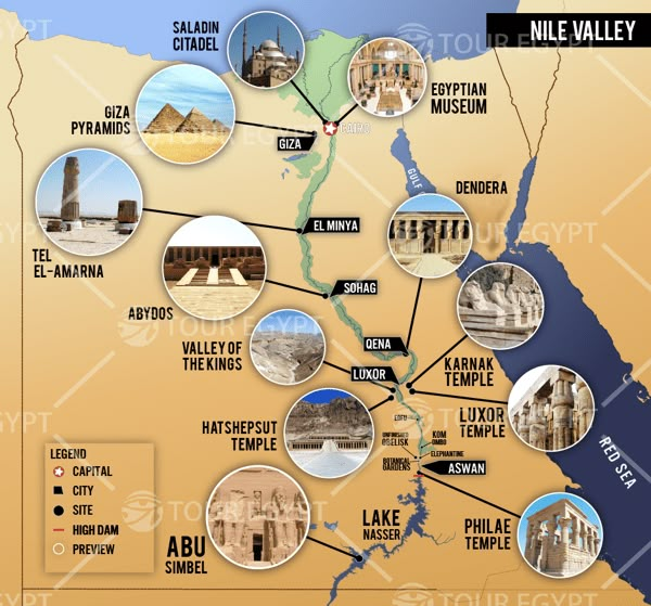 a map with all the major tourist attractions in egypt, including pyramids and other places