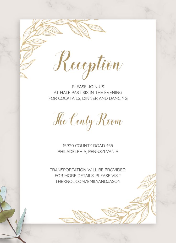 an elegant wedding reception card with gold foil leaves