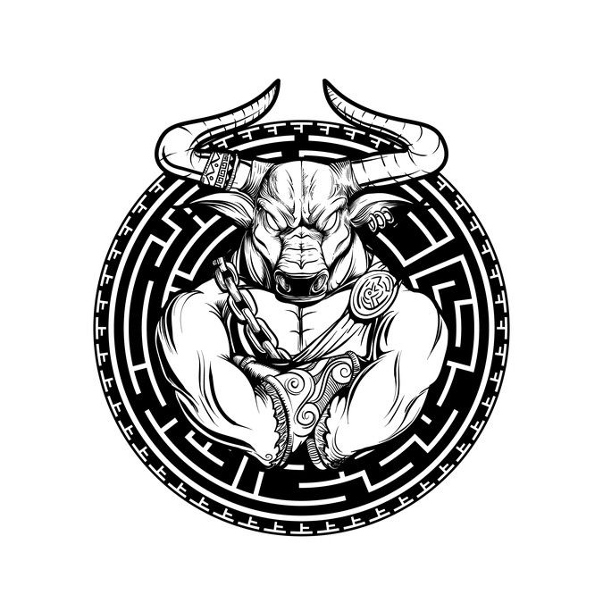 a bull with horns and rings around it's neck in the middle of a circle