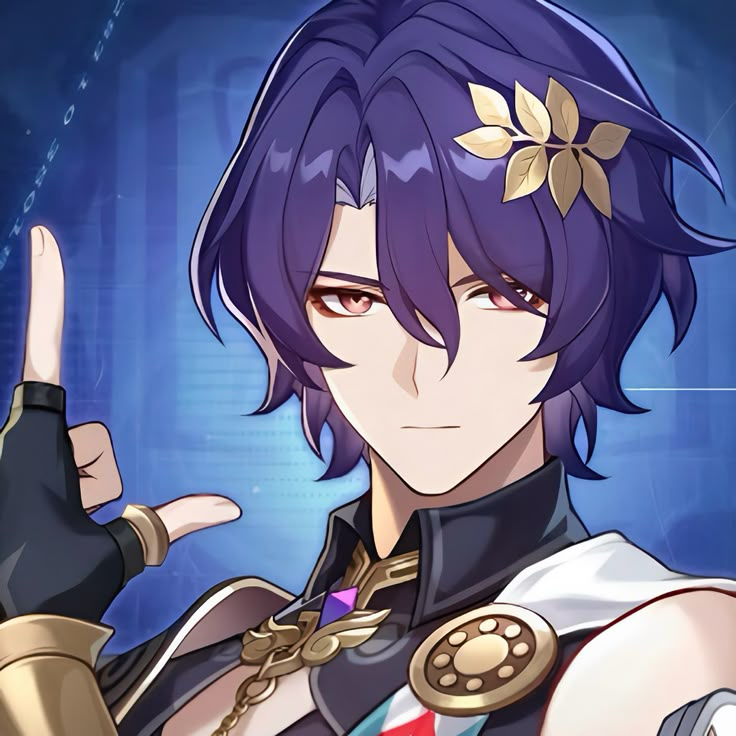 an anime character with purple hair pointing to the side and holding his hand up in front of him