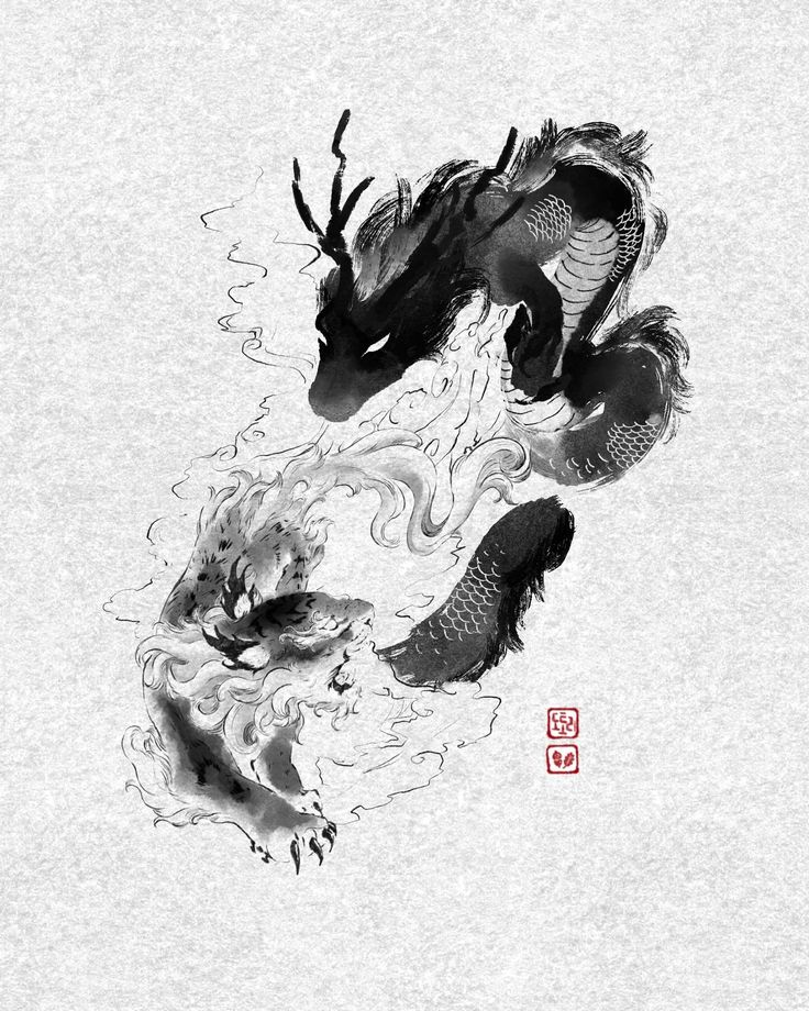 two black and white dragon with red calligraphy on the left side of the image