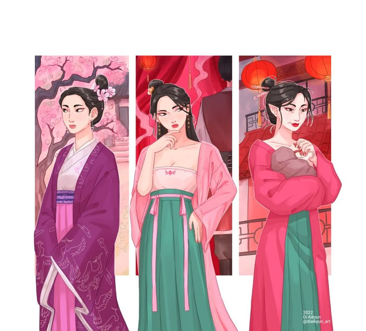 three women dressed in traditional chinese clothing