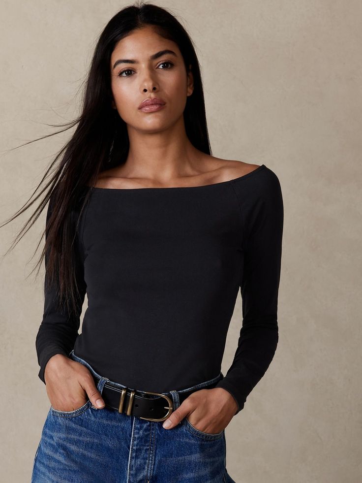 Refined Boat-Neck T-Shirt | Banana Republic Stripe Boatneck Top, Boat Neck Blouse Outfit, Black Boat Neck Sweater, Sabrina Neckline Top, Black Boat Neck Top, Boatneck Outfit, Boat Neckline Top, Blouse Boat Neck Designs Latest, Timeless Style Outfits