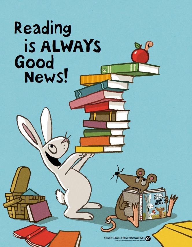 an image of a cartoon rabbit with books on his back and the caption reading is always good news