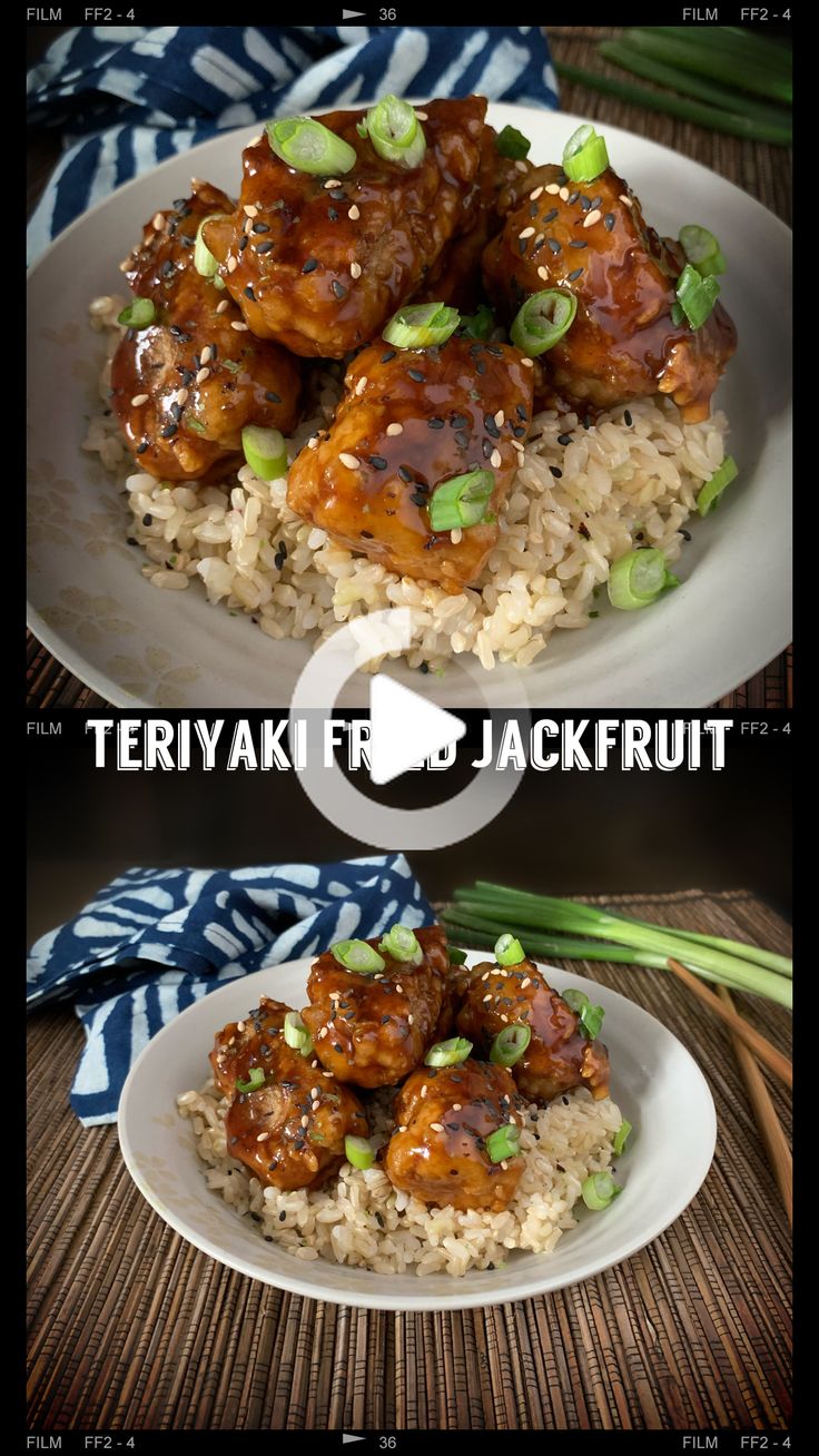 there are two different pictures of food on the same plate, one is chicken and the other is rice