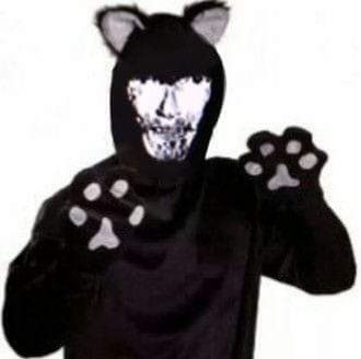 a person in a black cat costume with white spots on his face and paws out