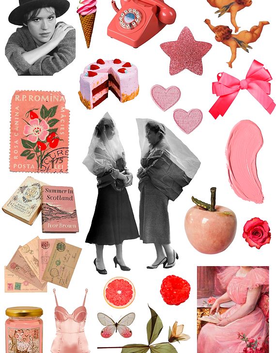 a collage of pink and red images