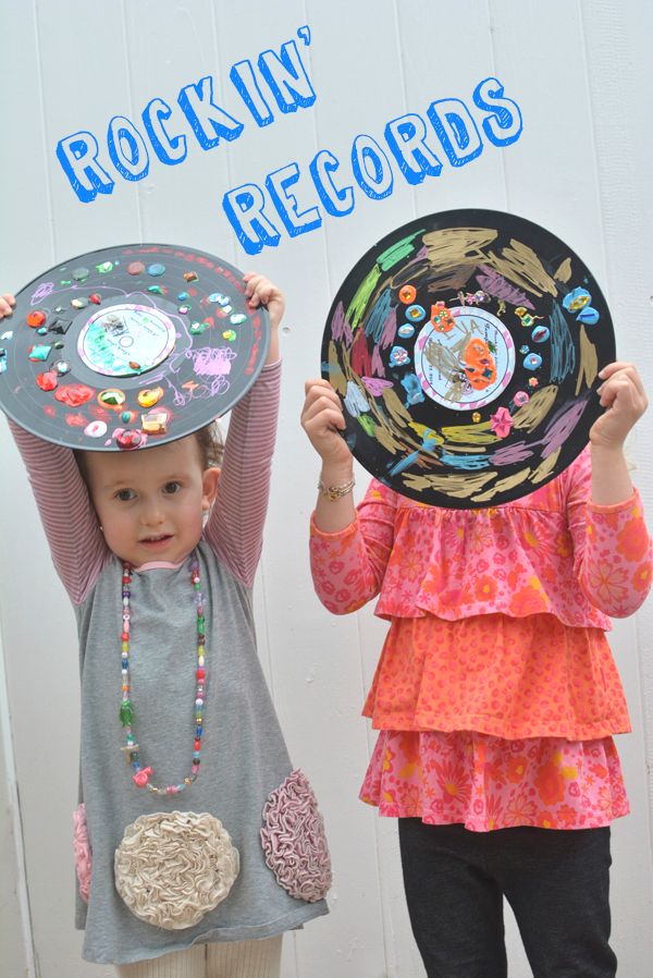 Rockin' Records - Recycled Art Project for Kids. Let your kids create their own rockin' records using old, cupcycled records, paint markers, school glue, and other embellishments. Music Day Crafts For Kids, Rock And Roll Activities, Music Themed Crafts For Kids, Rockstar Crafts For Kids, Music Art For Preschool, Rock And Roll Crafts, 70s Crafts For Kids, Disco Activities For Kids, Disco Crafts For Kids