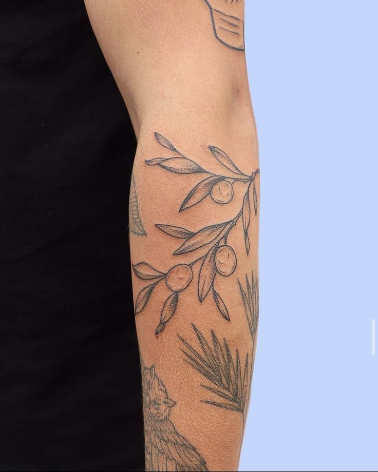 an arm with olives and leaves on it