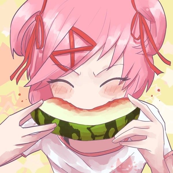 a girl with pink hair holding a slice of watermelon in front of her face