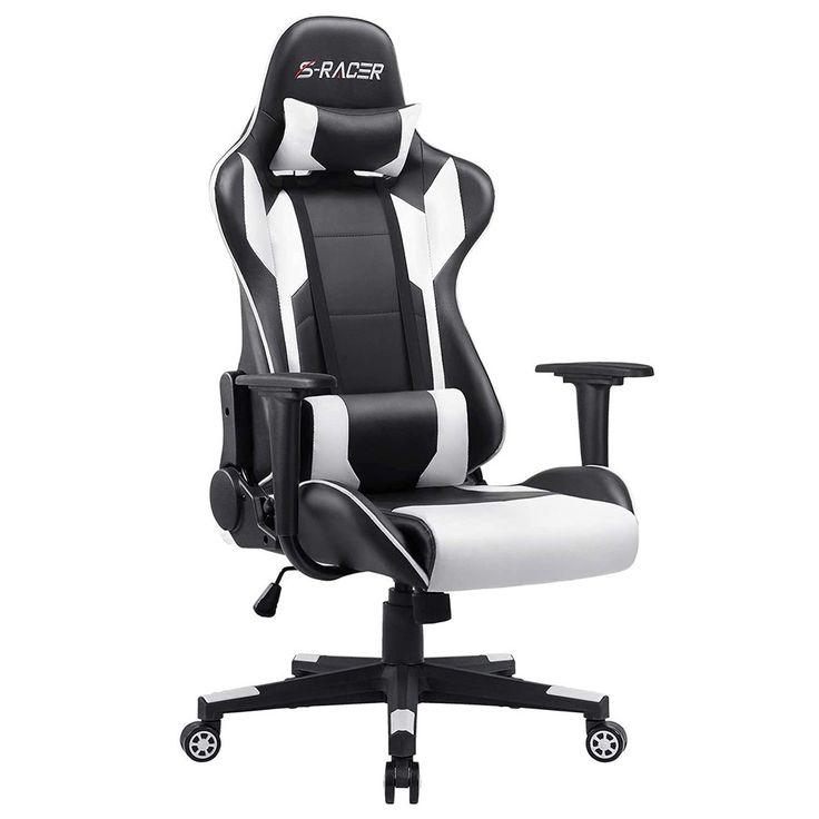 a black and white office chair with wheels