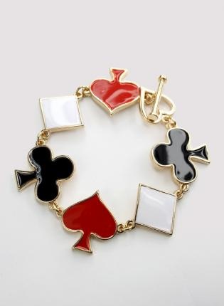 Gold Chain Playing Card Bracelet with Heart Clasp,  Jewelry, Red  Black  White, Chic Card Suits, Lizzie Hearts, Bracelet Fashion, Poker Cards, Playing Card, Junior Outfits, Indie Design, Gold Charm, Club Dresses