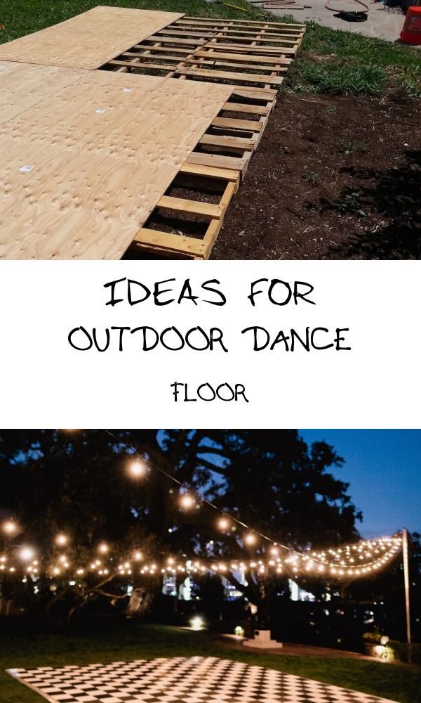 an outdoor dance floor made out of pallets and string lights with the words ideas for outdoor dance