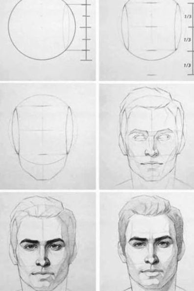 the steps to draw a man's face with different angles and hairline shapes