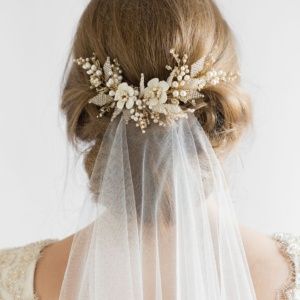 the back of a bride's head wearing a veil with flowers and pearls on it