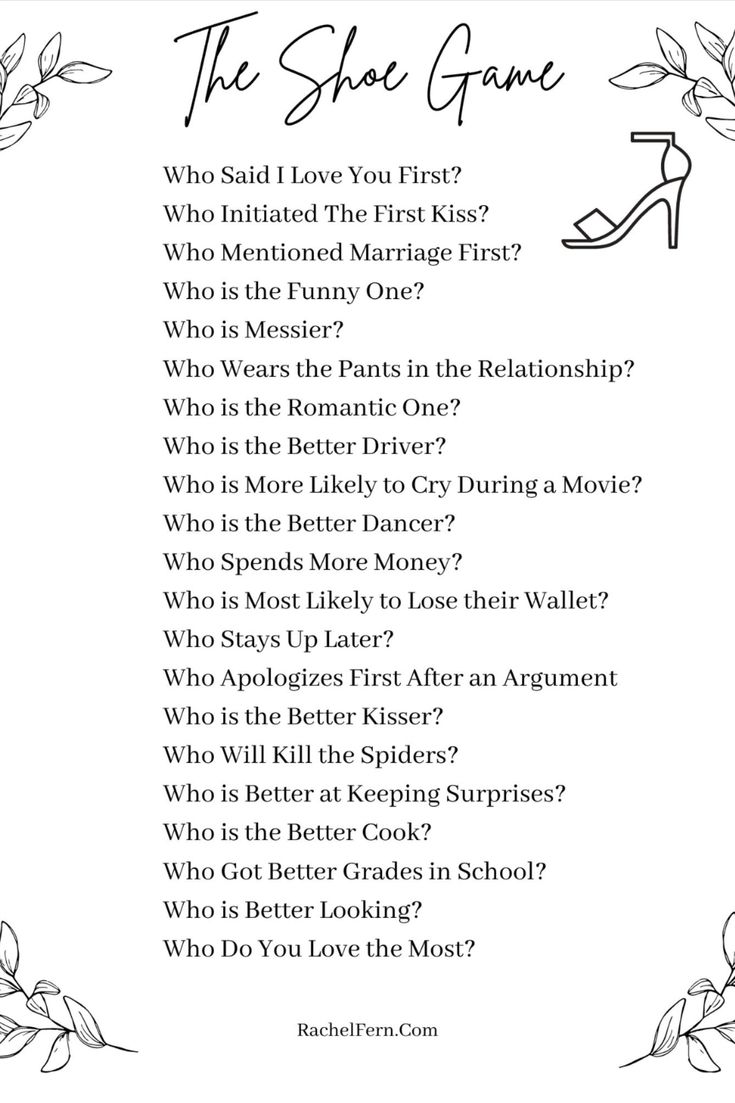 Shoe Game Question for wedding receptions to determine how well the bride and groom really know each other. Who Is Wedding Game, Shoe Game At Wedding, Groom And Bride Shower Ideas, Wedding Social Ideas, The Show Game Wedding, Who Knows The Bride And Groom Best Game, Who Is Most Likely To Questions Game Wedding, Hers And Hers Wedding Ideas, Get To Know The Bride And Groom Game