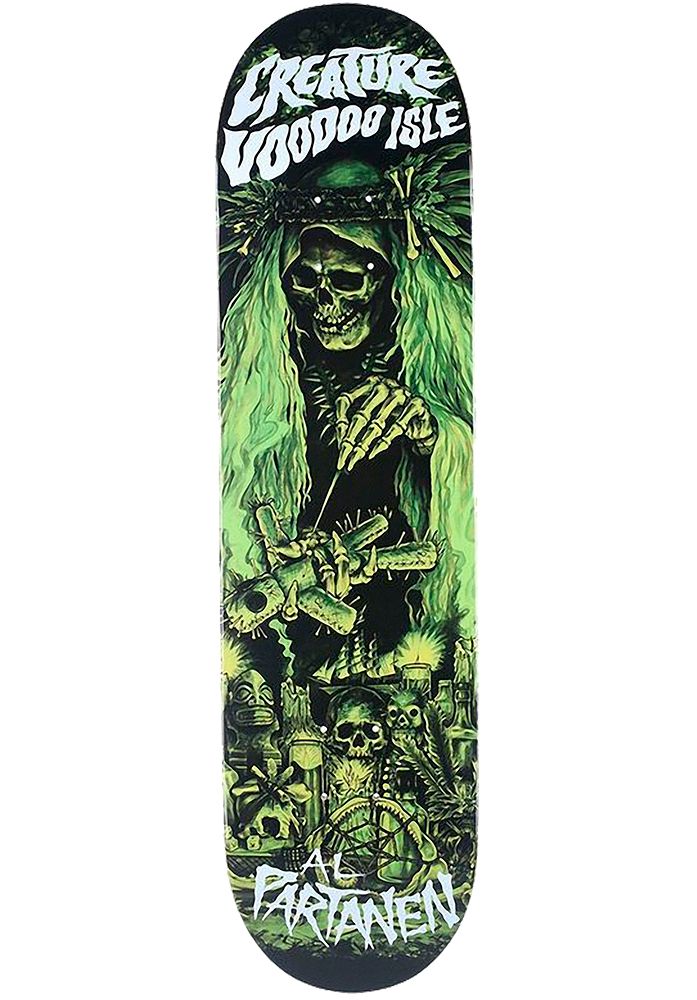 a skateboard with an image of a skeleton on the front and green lettering that says creature