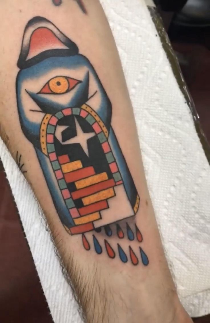 a person with a tattoo on their arm that has an image of a cat in it