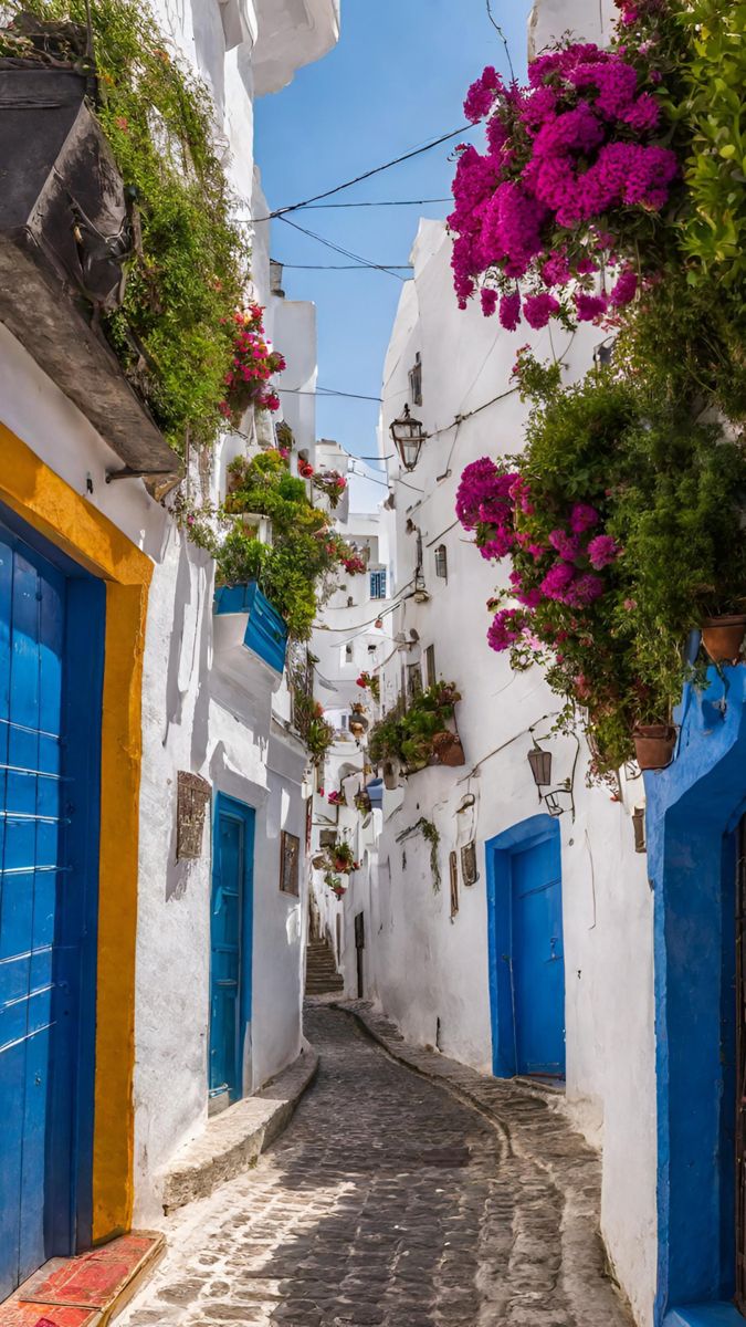 an alleyway with blue doors and flowers growing on the buildings in chefella, spain