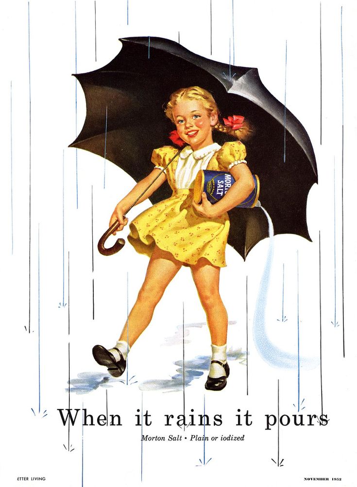 a girl holding an umbrella in the rain with words written below it that read, when it rains it pours