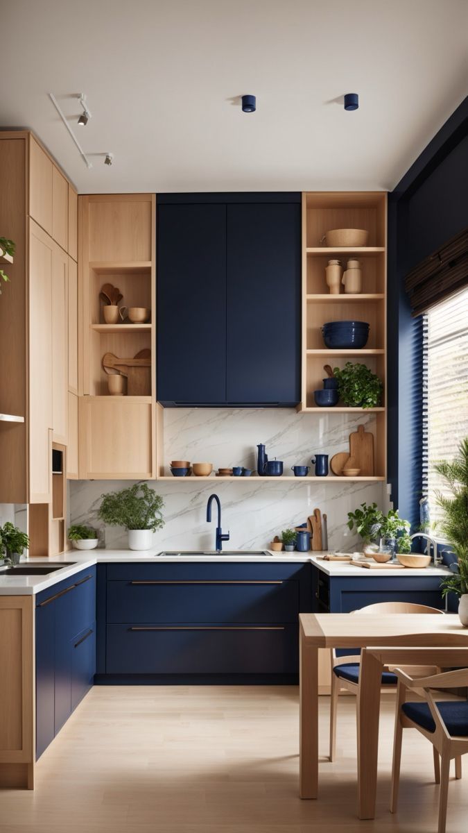 a kitchen with blue cabinets and white counter tops is pictured in this image, there are potted plants on the shelves