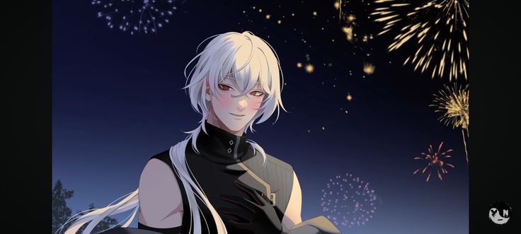 an anime character with white hair and blue eyes is standing in front of firework