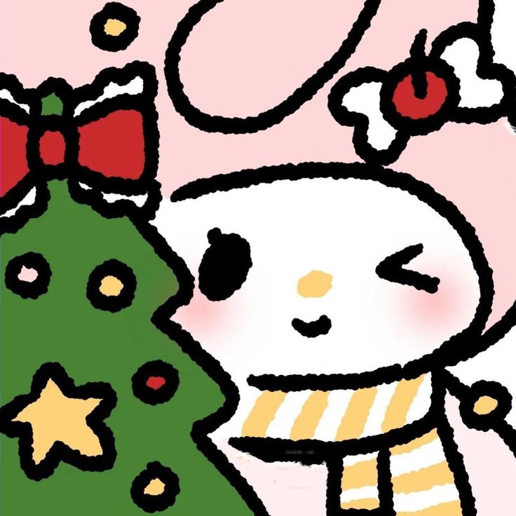 a drawing of a cat next to a christmas tree with a bow on its head