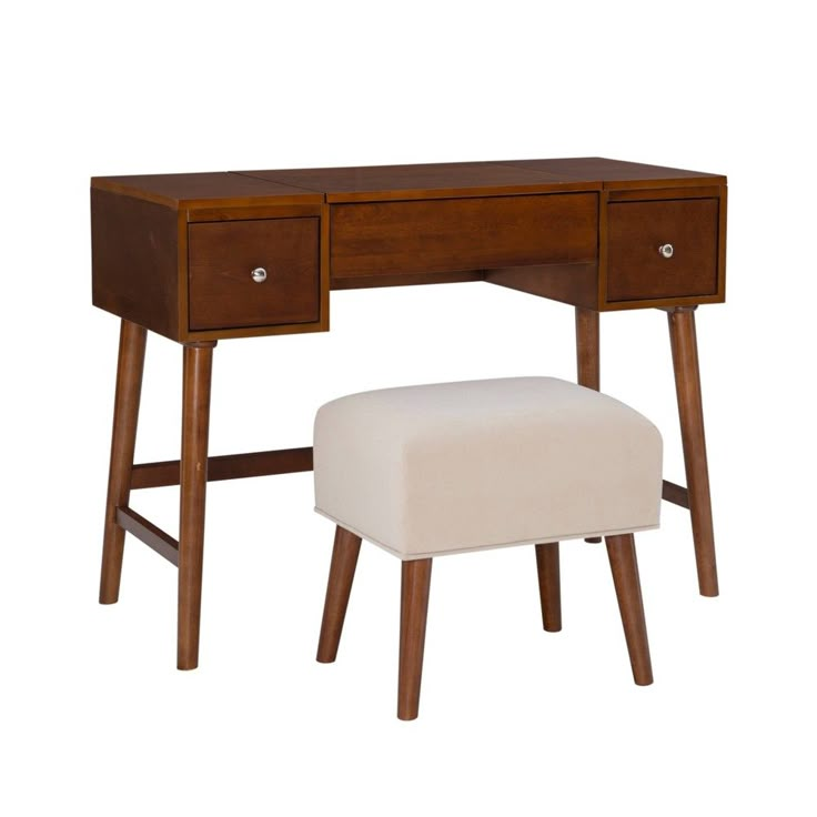 a wooden desk with a white foot stool