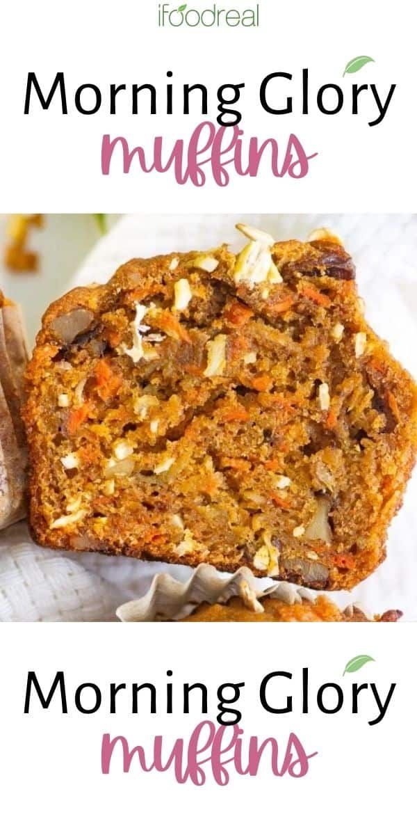 a loaf of morning glory muffins on top of a white napkin with the words morning glory muffins above it