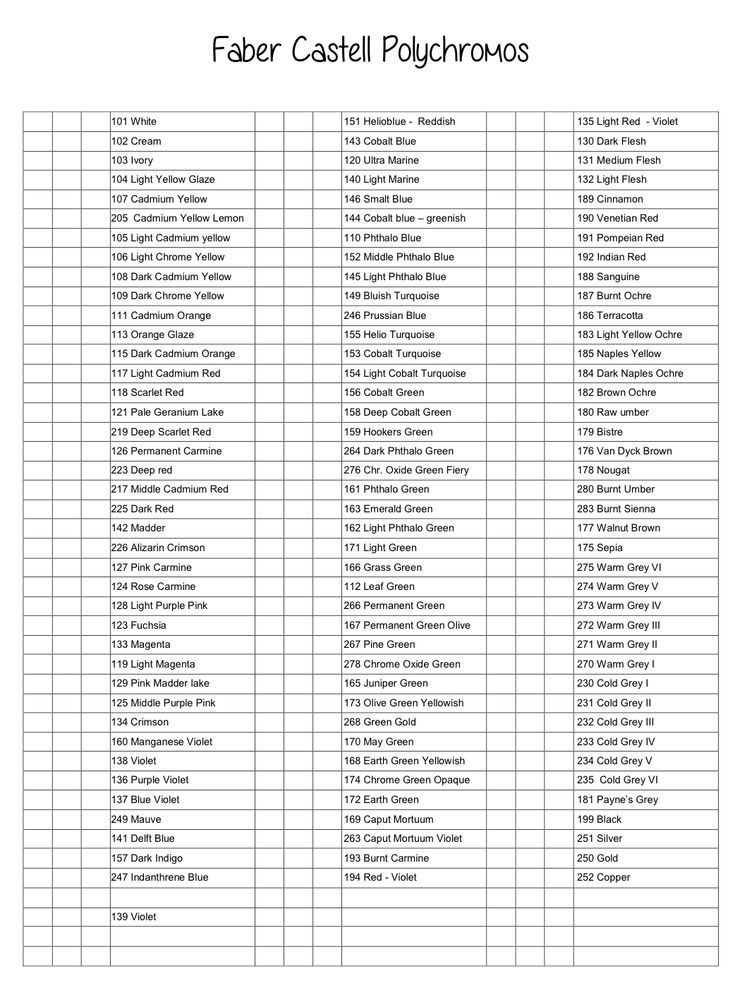the printable table for faber castel polychroms, which are available in several