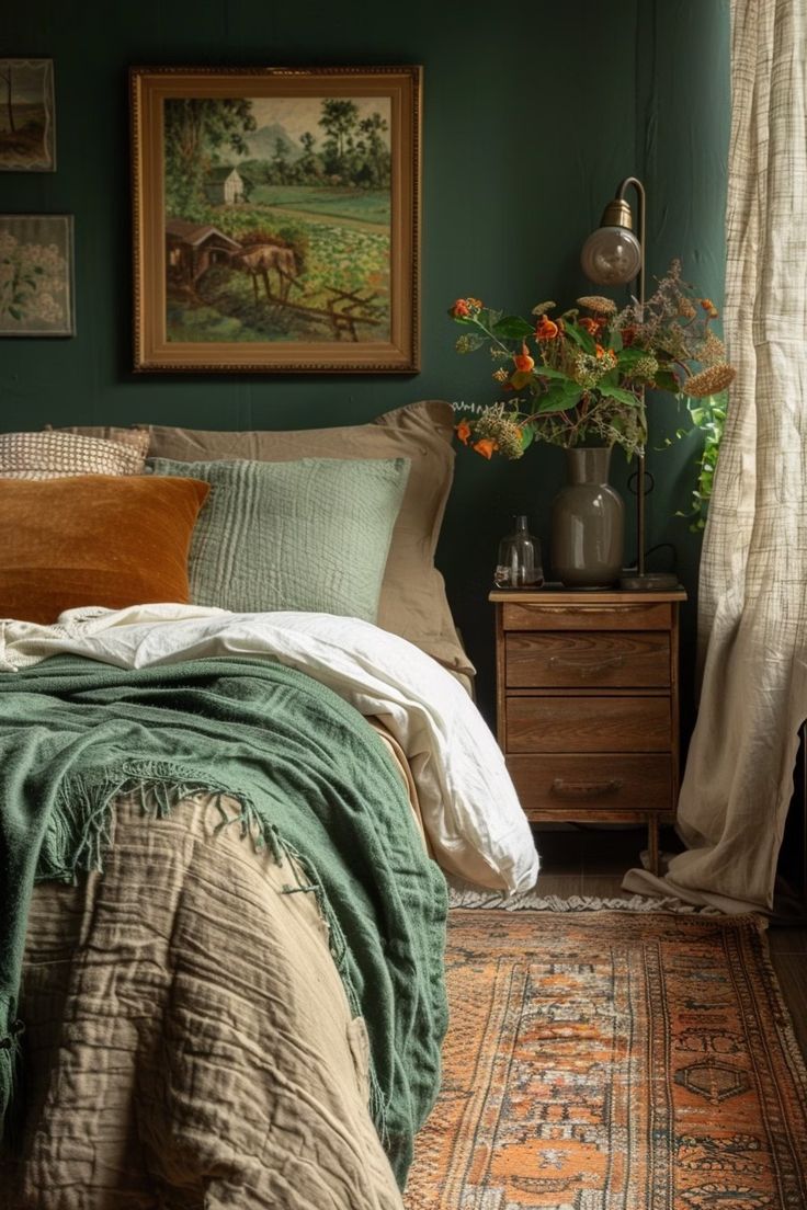 a bedroom with green walls and an antique rug on the floor next to a bed