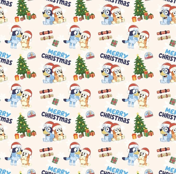 a christmas themed pattern with penguins and presents in santa's hats on a pink background