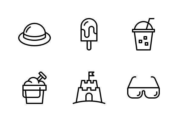 black and white line art icon set of beach related items, such as ice cream, sandcastle, sunbath, hat, sunglasses