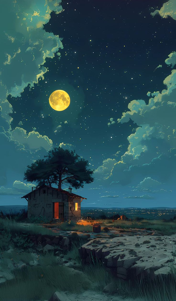 a house sitting on top of a lush green hillside under a full moon filled sky