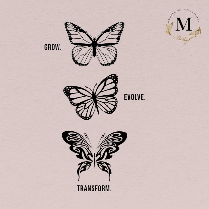 three butterflies with the words grow, evlve, transform and m on them