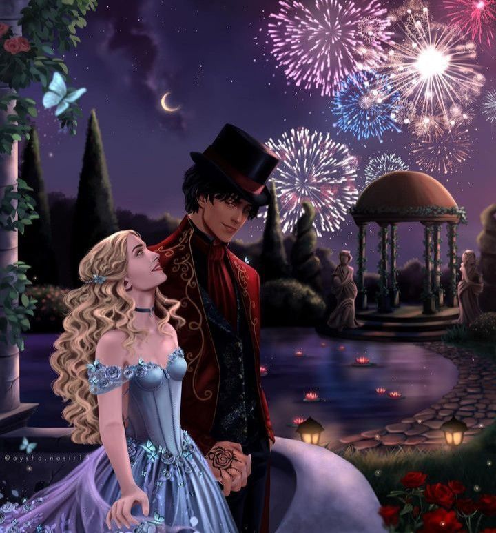 a man and woman are standing next to each other with fireworks in the sky behind them