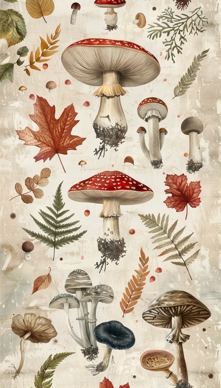 a painting of mushrooms and leaves on a white background