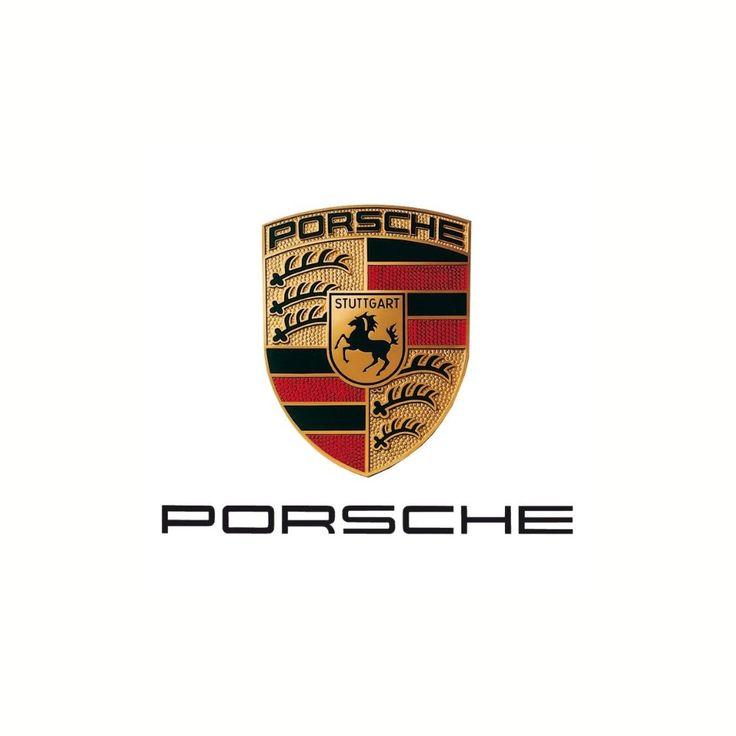 the porsche logo is shown in black and gold on a white background with red stripes